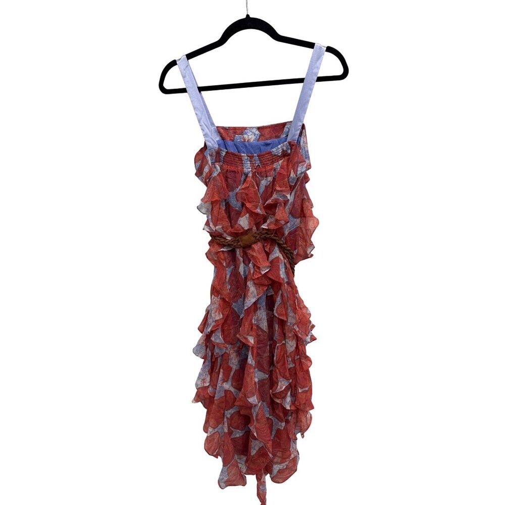 Jessica Simpson Ruffled Midi Dress Boho Style Red & Blue Floral Print Belted Siz - Picture 3 of 5